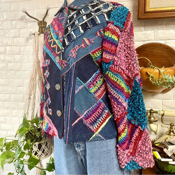 Vintage Sandy Starkman Crochet Sequin Patchwork Denim Jean Jacket - Picture 7 of 16